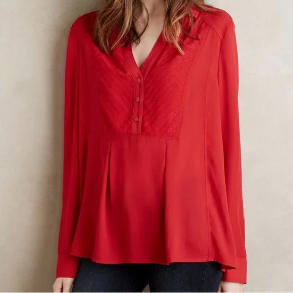 Anthropologie | Maeve Red De Stijl Half Button Up Long Sleeve Collared Blouse - Picture 1 of 7